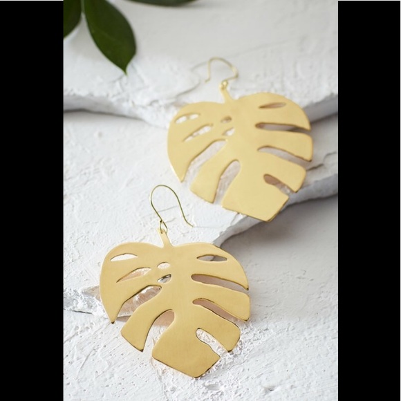 Monstera Leaf Goldtone French Wire Earrings - Picture 6 of 7